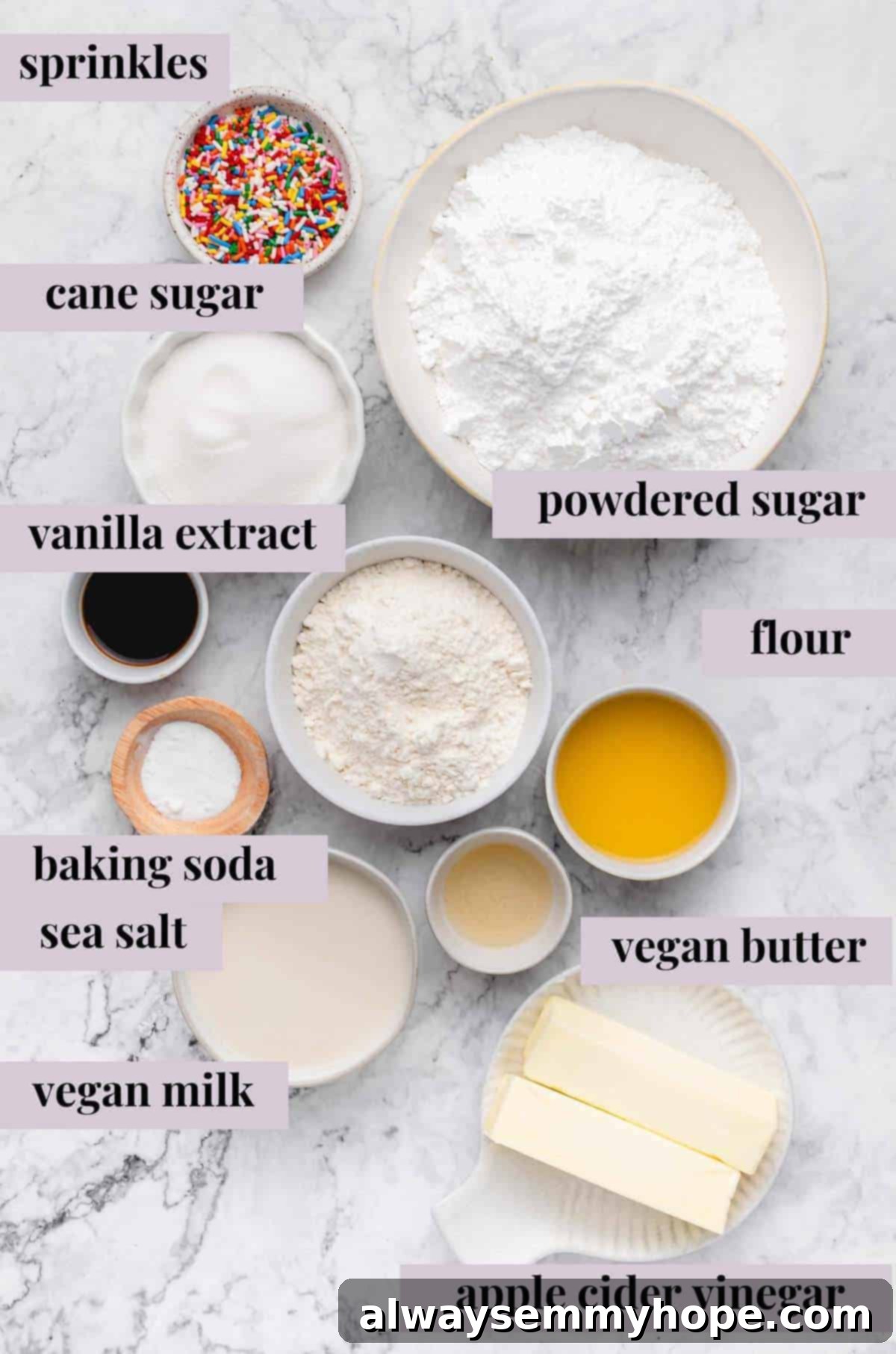 Arrangement of essential ingredients for preparing vegan vanilla cupcakes.