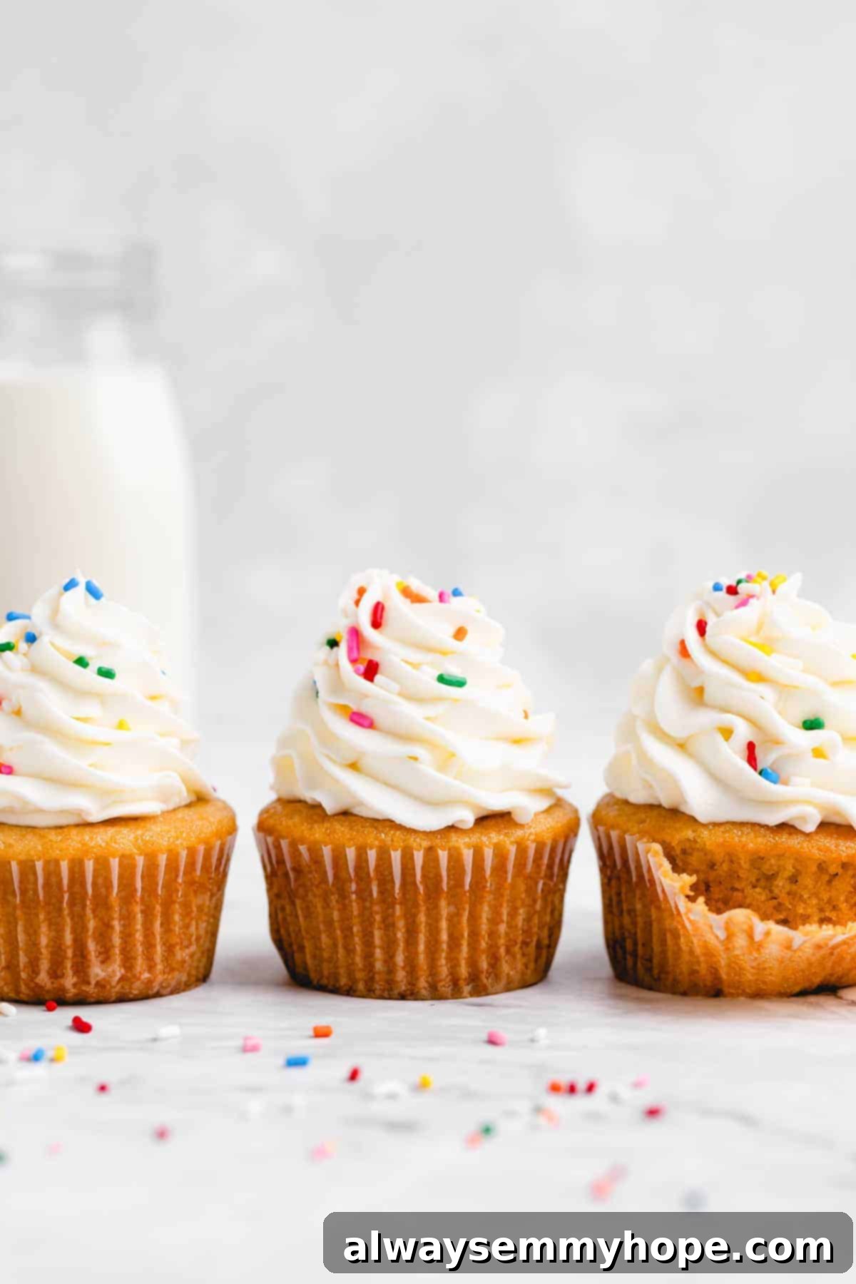 Three perfectly frosted vegan vanilla cupcakes, ready for a taste.