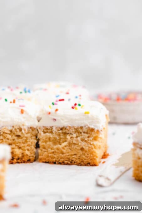 Multiple squares of vegan cake with vanilla buttercream frosting, ready to serve.
