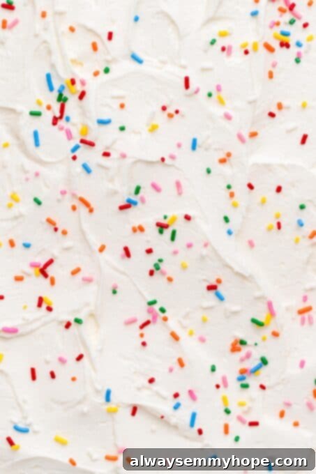 Close-up of fluffy whipped buttercream frosting with a sprinkle of rainbow sprinkles.