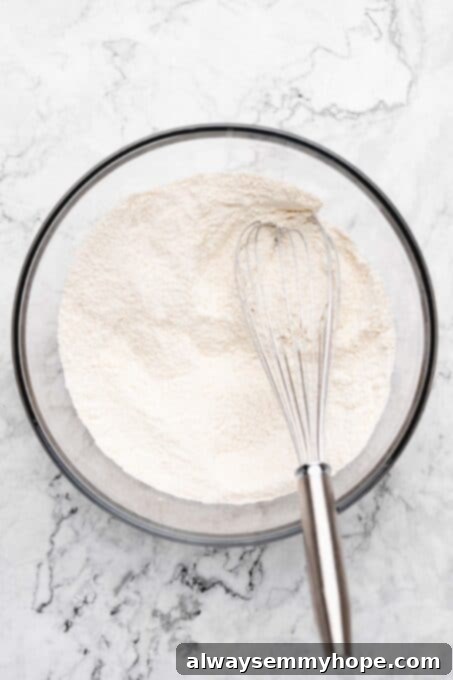 Dry ingredients for vanilla sheet cake – flour, sugar, baking soda, salt – in a mixing bowl.
