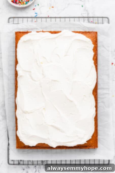 Smooth vanilla buttercream frosting being spread over a freshly baked vanilla cake.