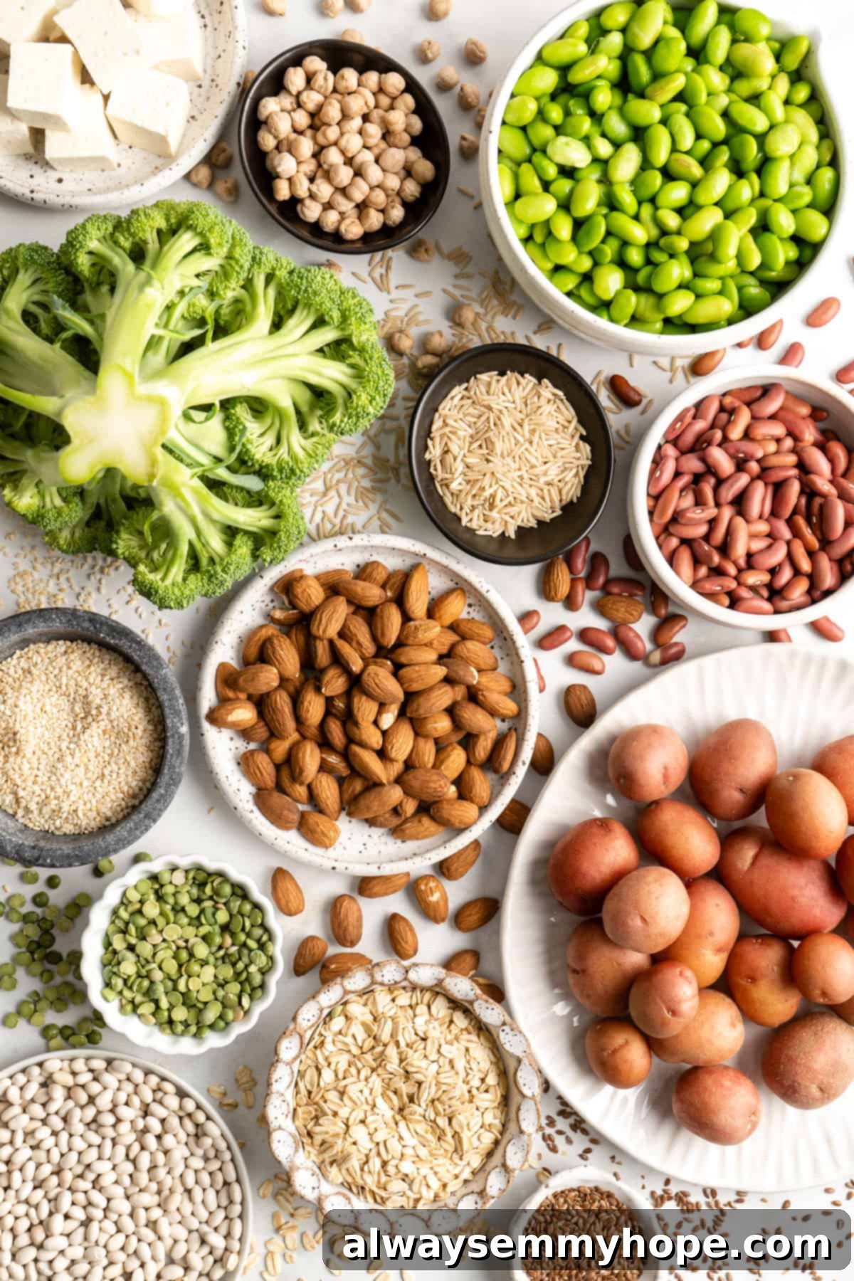 A vibrant display of various vegan protein sources, including fresh broccoli florets, hearty potatoes, a mix of nuts like almonds and walnuts, an assortment of seeds such as pumpkin and chia, and a selection of legumes like chickpeas and lentils. This image perfectly illustrates the abundance and diversity of plant-based protein options available for a healthy vegan diet.