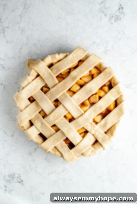 Perfect Vegan Apple Pie 12 Pie crust strips being woven into a lattice pattern over the apple filling.
