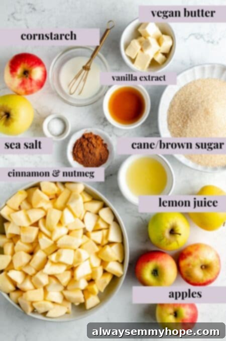 Perfect Vegan Apple Pie 3 Ingredients for homemade vegan apple pie, including fresh apples, spices, and flour.