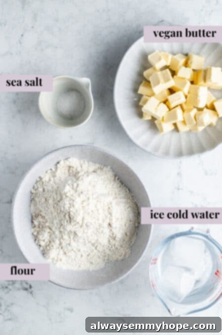 Perfect Vegan Apple Pie 4 Ingredients specifically for vegan pie crust, showing plant-based butter and flour.