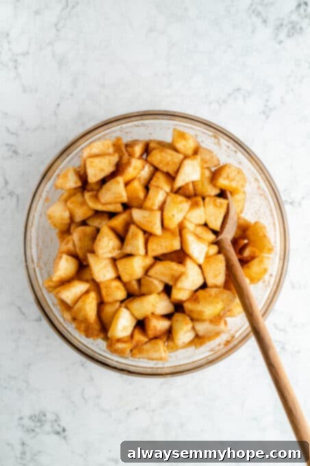 Perfect Vegan Apple Pie 7 Chopped apples coated evenly with cinnamon, nutmeg, and sugar mixture.