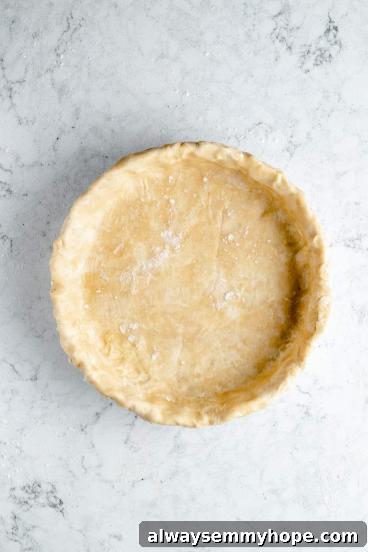 Perfect Vegan Apple Pie 10 Vegan pie crust expertly crimped and placed in a glass baking dish.