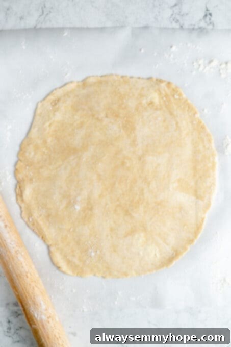A chilled disk of vegan pie dough rolled out evenly into a large, thin circle on parchment paper, dusted lightly with flour.