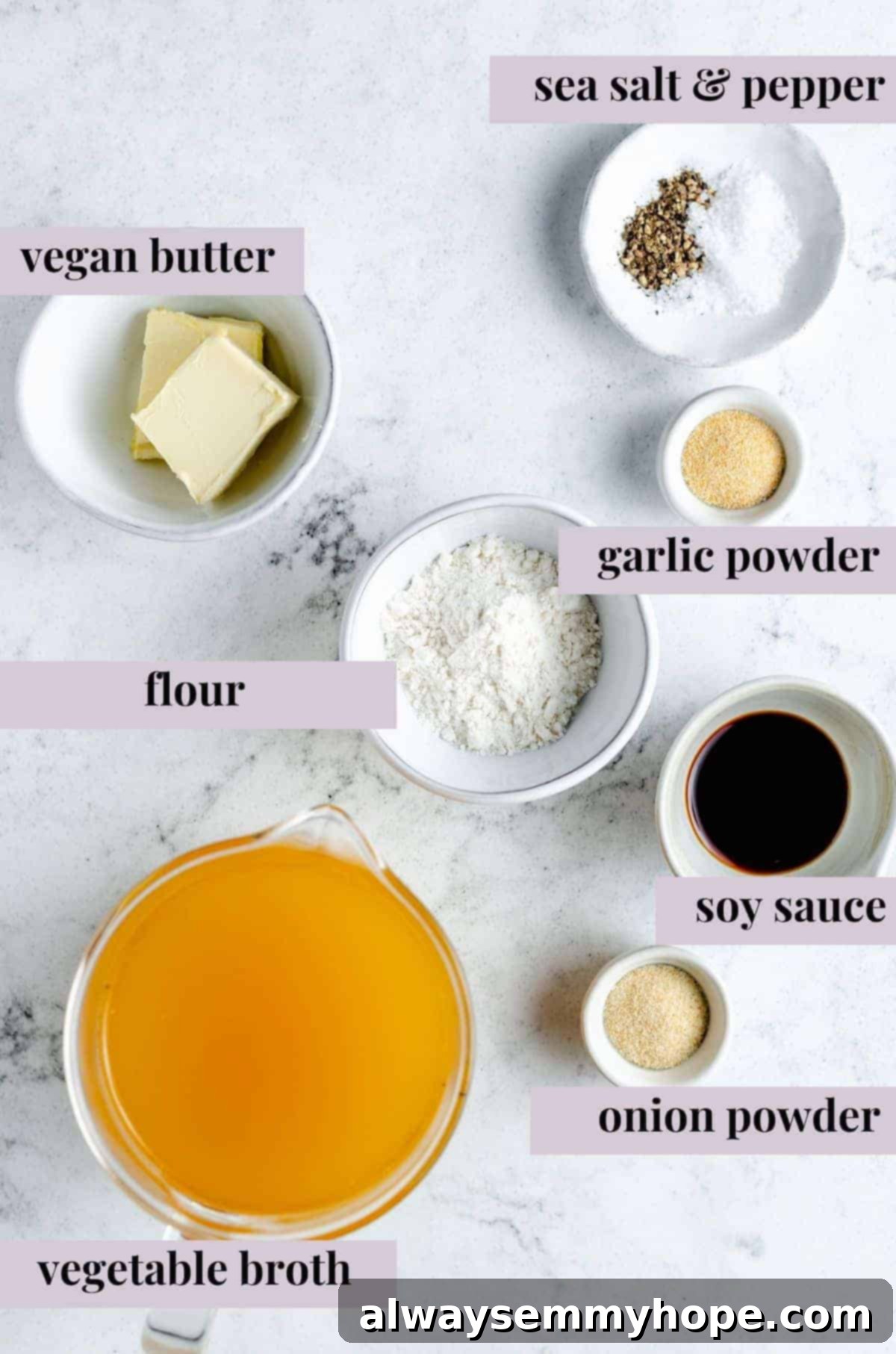 This vegan gravy is easy to make, silky smooth, and delicious over mashed potatoes! It's packed with savoury flavour, made without mushrooms. Overhead shot of all vegan gravy ingredients laid out on a table with small labels, including vegan butter, flour, onion powder, garlic powder, vegetable broth, and soy sauce.