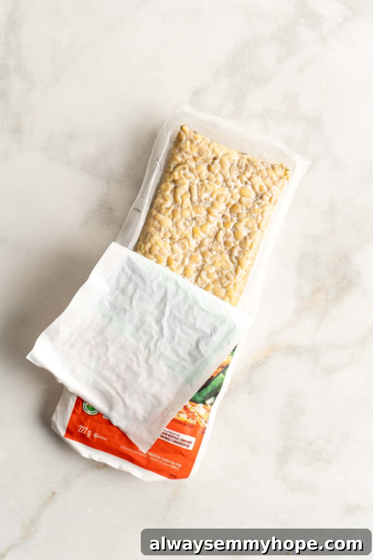 Close-up overhead shot of a block of tempeh with its packaging partially removed, showing its unique texture.