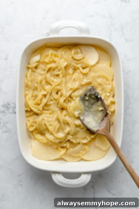 My creamy vegan scalloped potatoes are dairy-free, cheesy, and easy to make! The perfect side dish for Thanksgiving, holidays, and weeknights. Overhead view of spoon spreading cream sauce over sliced potatoes