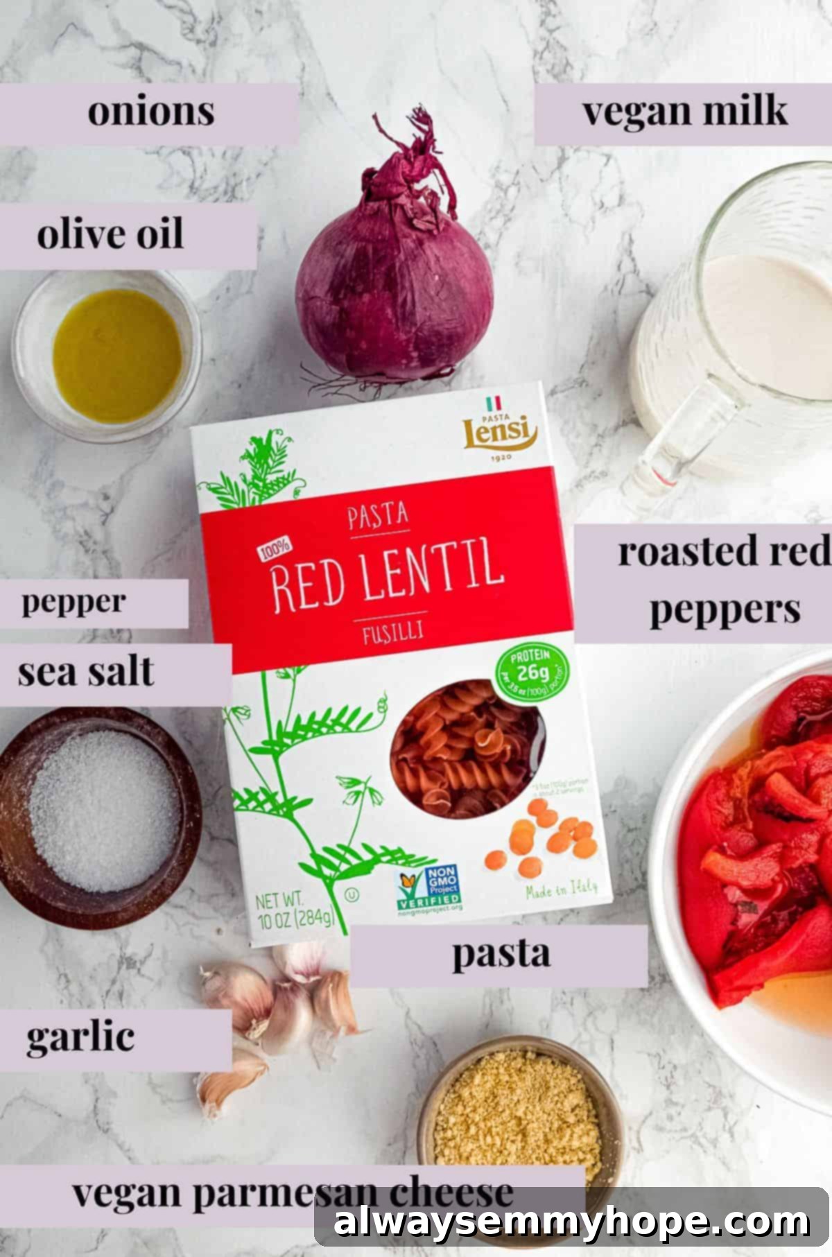 Roasted red pepper pasta ingredients with text labels overlaying each ingredient.