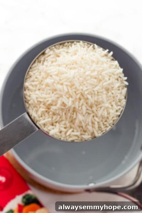 Korean Gochujang Tofu Rice Bowls 5 A measuring cup filled with dry rice being poured into a pot of boiling water on a stovetop.