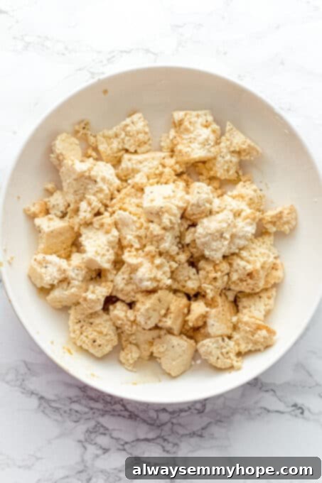 Korean Gochujang Tofu Rice Bowls 10 Tofu pieces thoroughly mixed with seasonings, ready for frying to achieve crispiness.