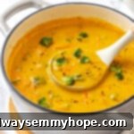 A serving of creamy vegan broccoli cheddar soup being ladled from a large pot, showcasing its thick, golden texture and bright green broccoli pieces.