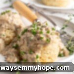 A plate featuring two fluffy vegan biscuits smothered in rich, savory gravy and garnished with fresh chives, with a fork and knife beside it.