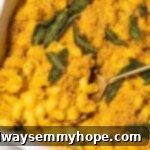 Baked vegan mac and cheese featuring butternut squash, topped with crispy sage leaves, served golden brown in a rustic dish.