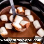 A ladle in a slow cooker filled with creamy vegan hot cocoa, topped with fluffy vegan marshmallows, with some cocoa and three marshmallows on the ladle, ready to serve.