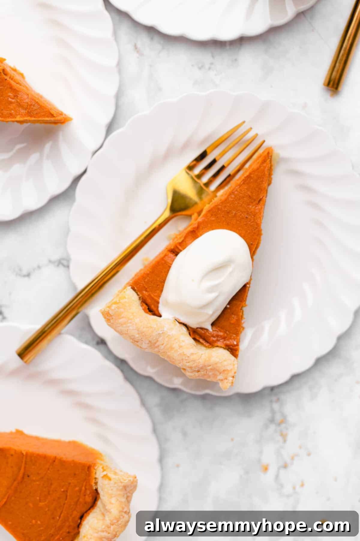 This creamy vegan sweet potato pie is easy to make with coconut milk and warm spices. It's dairy-free, egg-free, and great for Thanksgiving! Close-up overhead view of two elegant slices of vegan sweet potato pie served on delicate white plates, accompanied by a gleaming gold fork, highlighting the smooth texture and perfect crust.