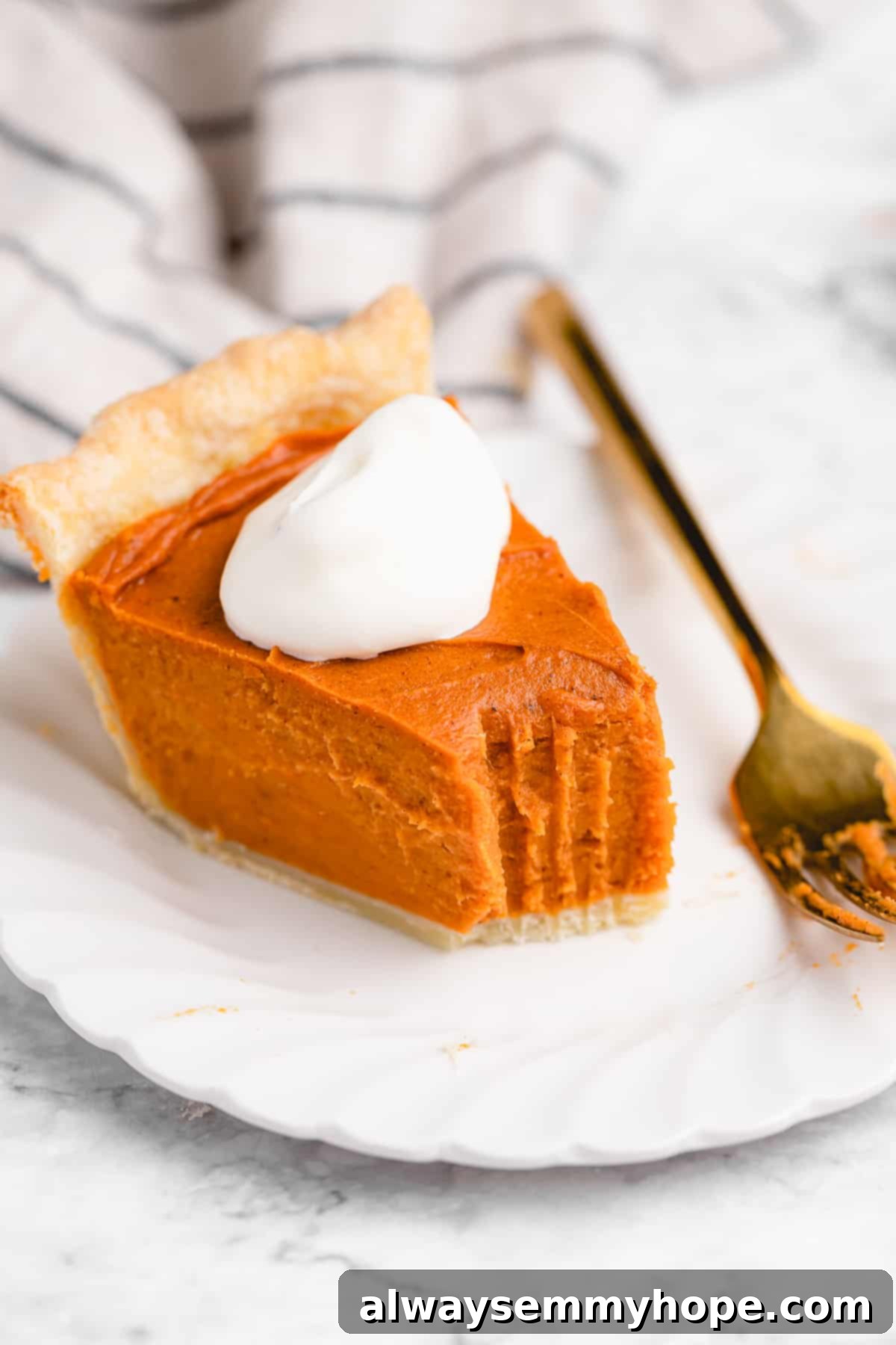 This creamy vegan sweet potato pie is easy to make with coconut milk and warm spices. It's dairy-free, egg-free, and great for Thanksgiving! A close-up of a single slice of vegan sweet potato pie, perfectly topped with a swirl of fluffy coconut whipped cream, with a small bite taken from the edge, showcasing its creamy texture.