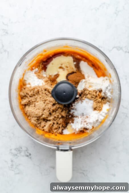 This creamy vegan sweet potato pie is easy to make with coconut milk and warm spices. It's dairy-free, egg-free, and great for Thanksgiving! All the sweet potato pie filling ingredients, including roasted sweet potatoes, spices, and coconut milk, being processed in a food processor to create a smooth, creamy puree.