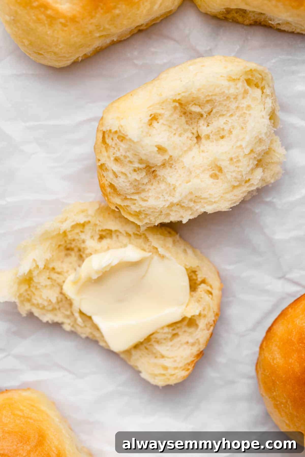 A vegan dinner roll torn in half, with a pat of vegan butter melting into its soft, airy interior.