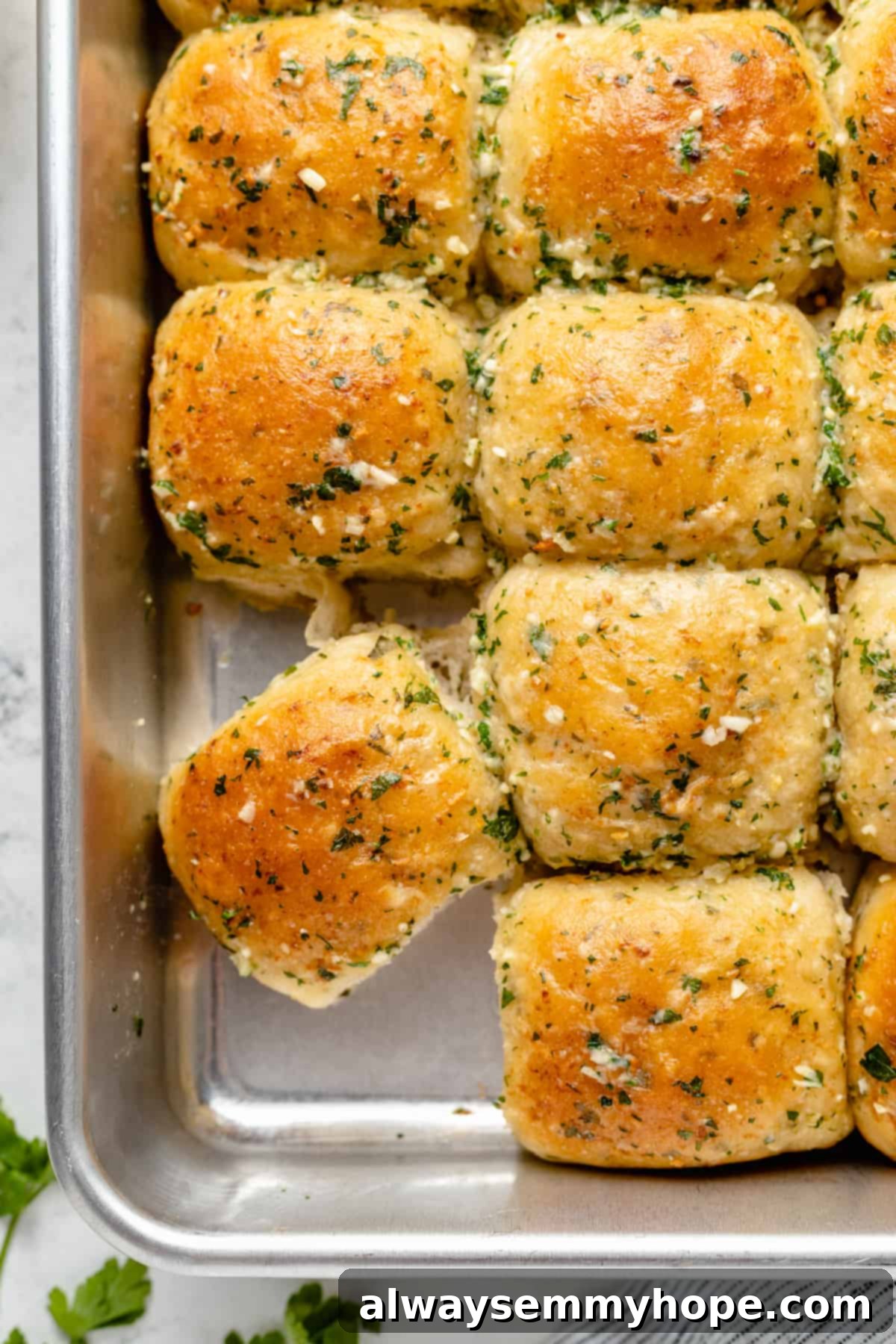 Fluffy Vegan Garlic Parmesan Dinner Rolls 2 Vegan garlic parmesan dinner rolls in metal baking pan