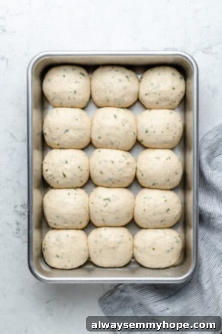 Fluffy Vegan Garlic Parmesan Dinner Rolls 11 Overhead view of unbaked dinner rolls in pan after rising