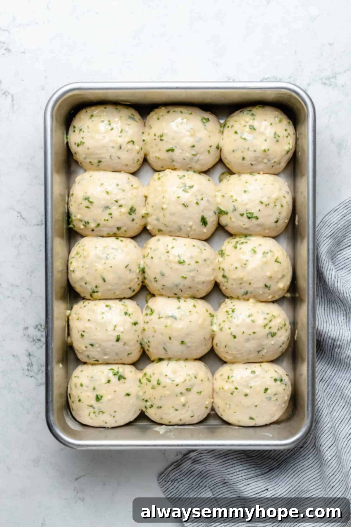 Fluffy Vegan Garlic Parmesan Dinner Rolls 12 Overhead view of unbaked dinner rolls in pan after being brushed with garlic butter