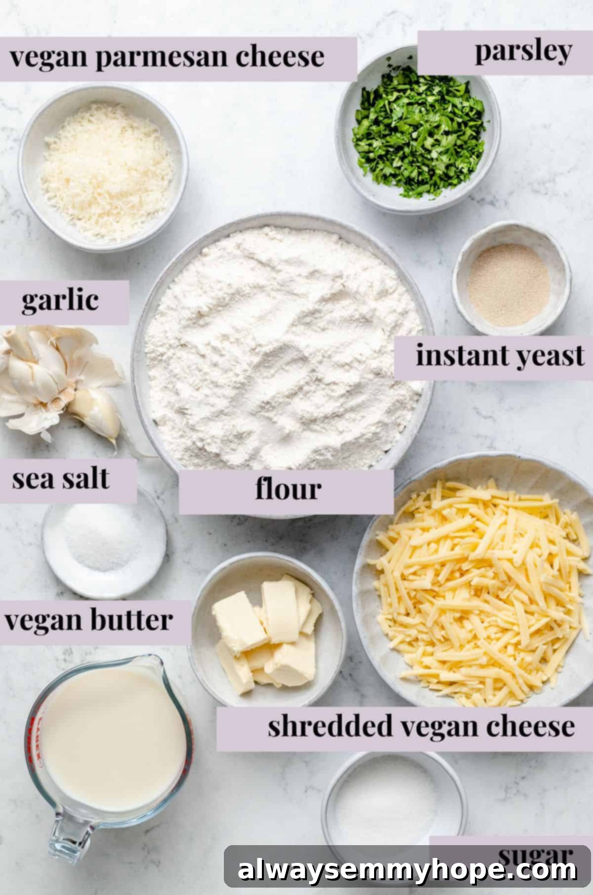 Fluffy Vegan Garlic Parmesan Dinner Rolls 4 Overhead view of garlic parmesan dinner roll ingredients