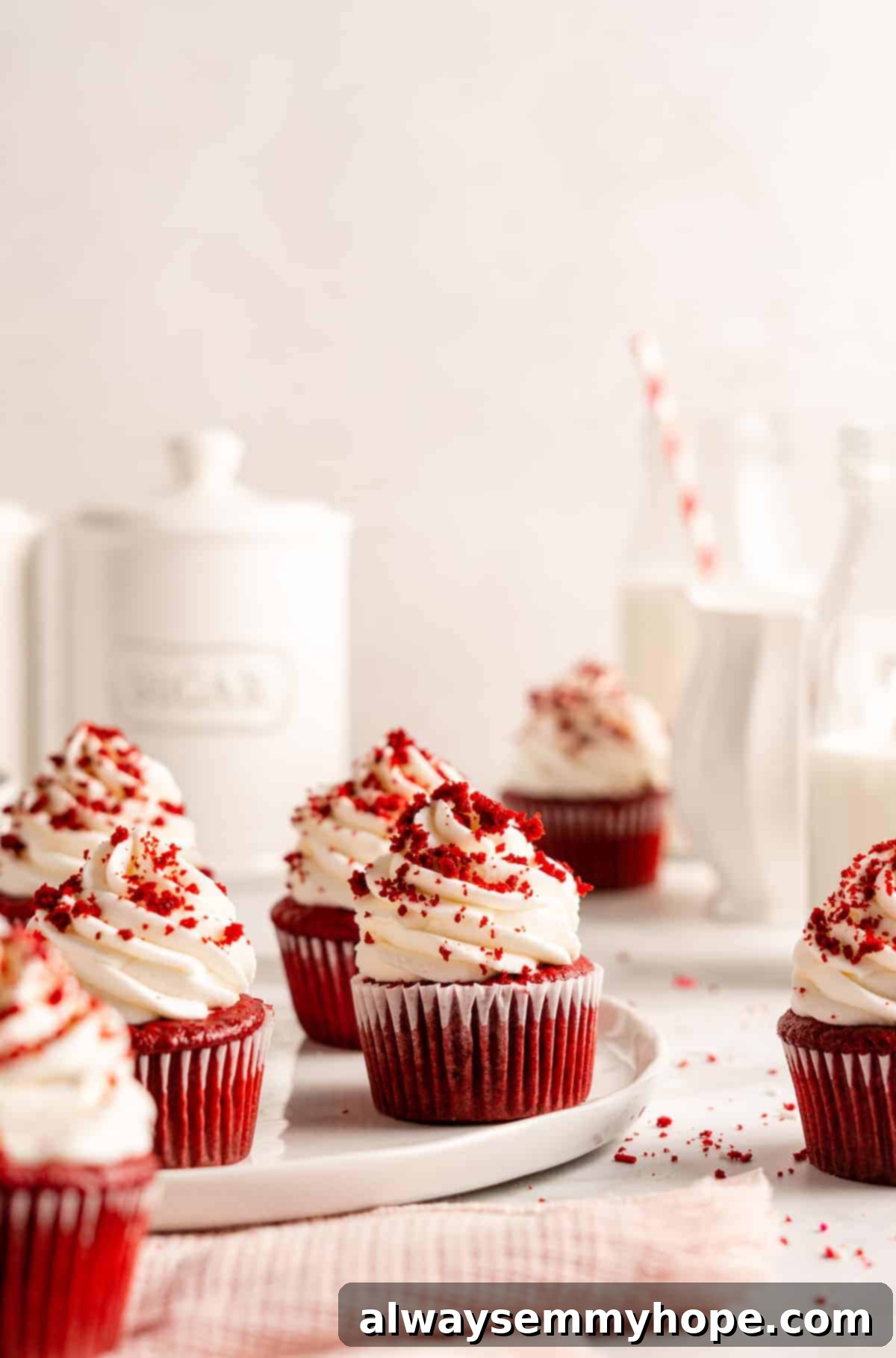 Close-up artistic shot of two vegan red velvet cupcakes, beautifully frosted with rich cream cheese and adorned with cake crumbs, ready for enjoyment.