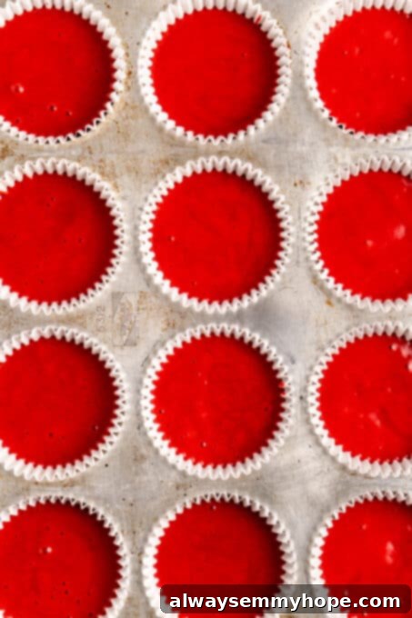 Close-up of red velvet cake batter carefully spooned into white cupcake wrappers within a muffin tin, ready for baking.