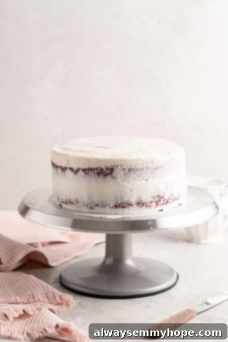 A vegan red velvet cake covered with a thin, preliminary crumb coat of cream cheese frosting, showcasing the technique before the final layer.