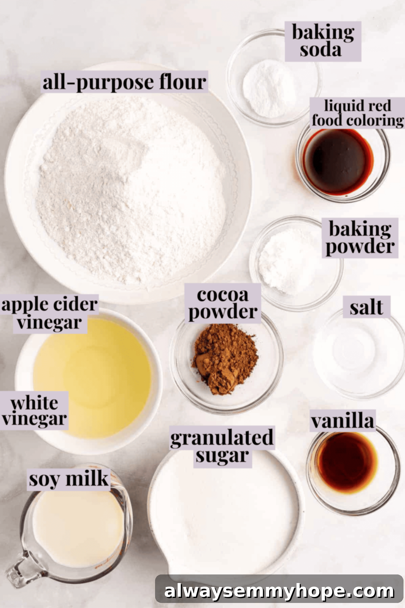 Overhead view of vegan red velvet cupcake ingredients laid out, including flour, sugar, cocoa powder, vegan milk, and food coloring.