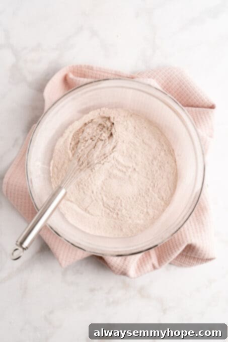 Overhead view of dry cake ingredients including sugar, flour, cocoa powder, baking powder, and sea salt, expertly whisked together in a glass mixing bowl.