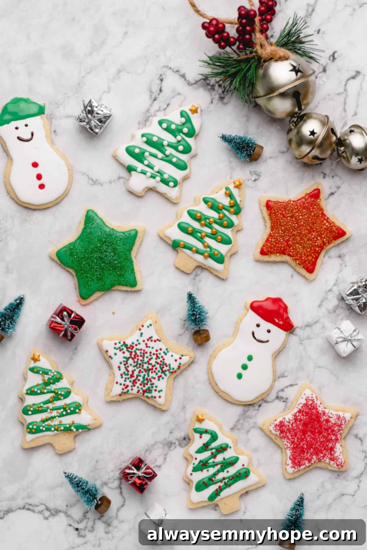 Overhead view of decorated Christmas vegan sugar cookies