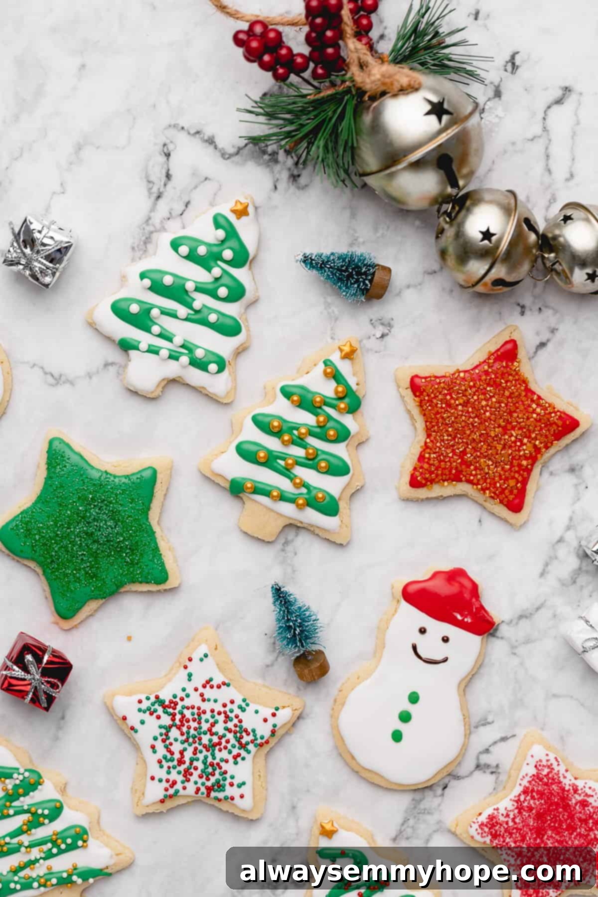 Overhead view of vegan sugar cookies decorated for Christmas