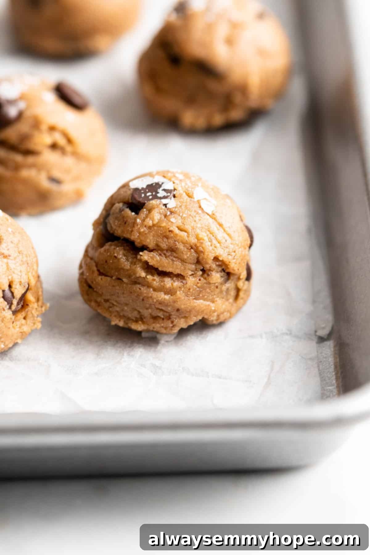 Closeup of vegan edible chocolate chip cookie dough