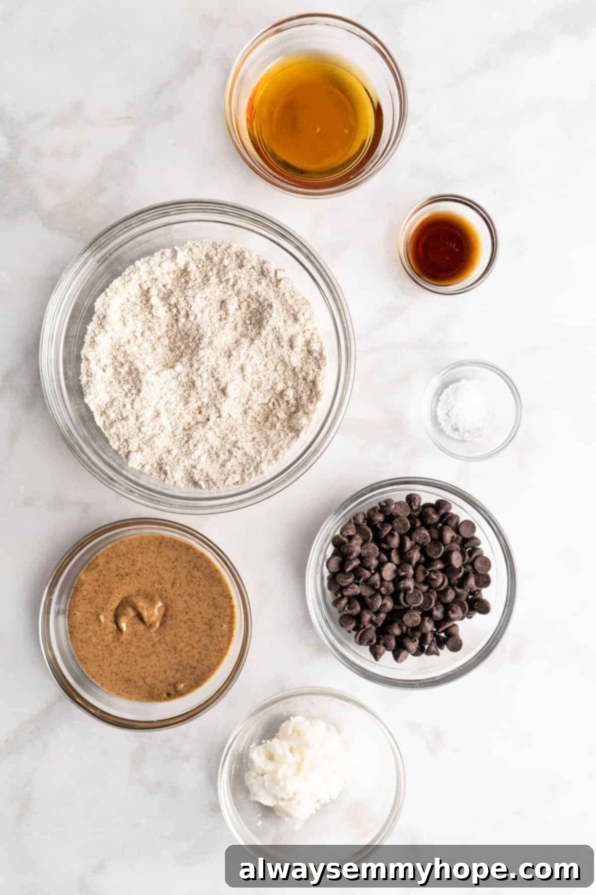 Overhead view of edible vegan chocolate chip cookie dough ingredients
