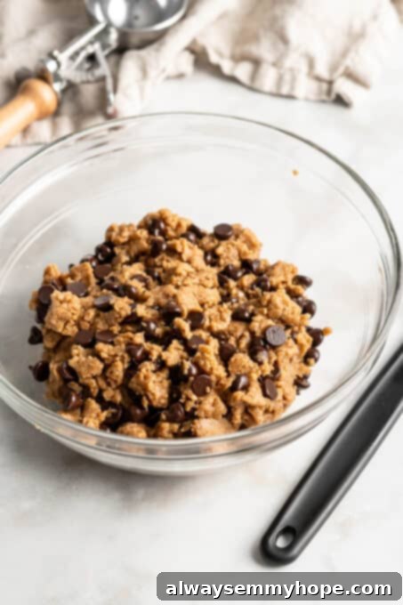 Edible chocolate chip cookie dough in glass bowl