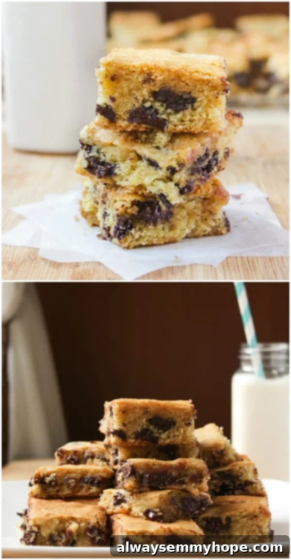 These Ghirardelli Chocolate Chip Cookie Bars were ah-mazing. Made with cream cheese and dark chocolate chips, they melt right in your mouth. Close up of a stack of Ghirardelli Chocolate Chip Cookie Bars.