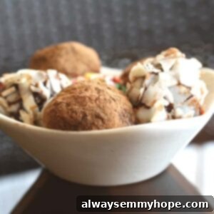 side shot of white bowl with rum balls in it.