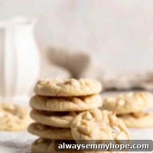 Irresistible Macadamia White Chocolate Cookies 2 A stack of golden-brown vegan white chocolate macadamia nut cookies on a countertop.