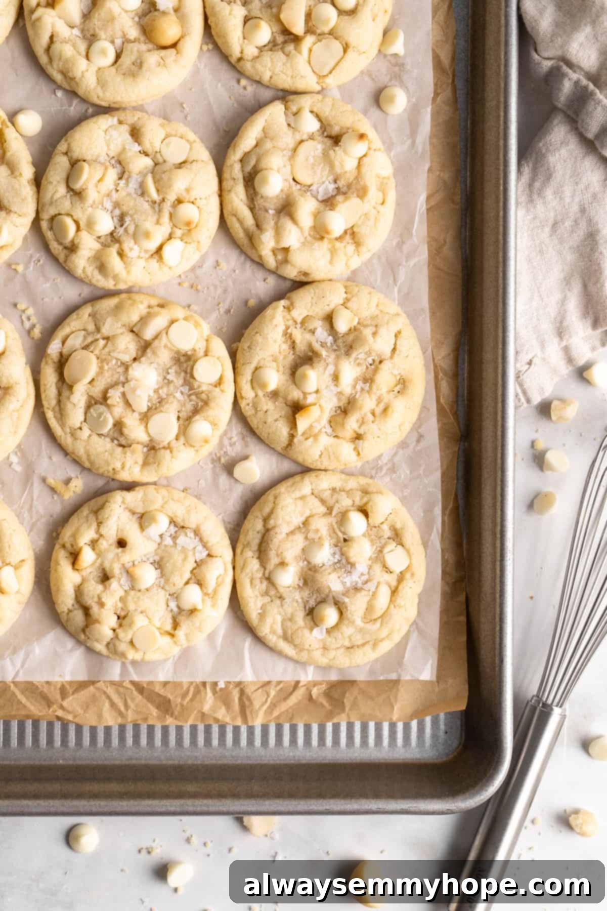 Golden vegan white chocolate macadamia nut cookies cooling on parchment. Overhead view of perfectly baked vegan white chocolate macadamia nut cookies cooling on a parchment-lined baking sheet, golden and inviting.