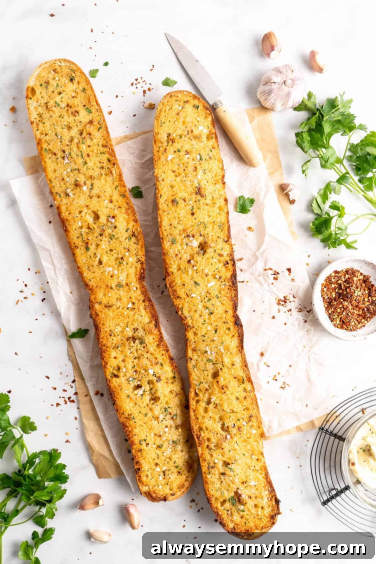Two halves of golden-brown garlic bread before slicing, showcasing the rich butter spread
