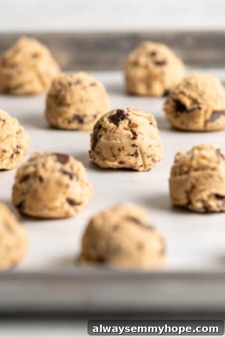 Plant-Based Chocolate Chip Bliss 11 Balls of vegan chocolate chip cookie dough, perfectly scooped and spaced on a parchment-lined baking sheet, ready for baking into delicious plant-based treats.
