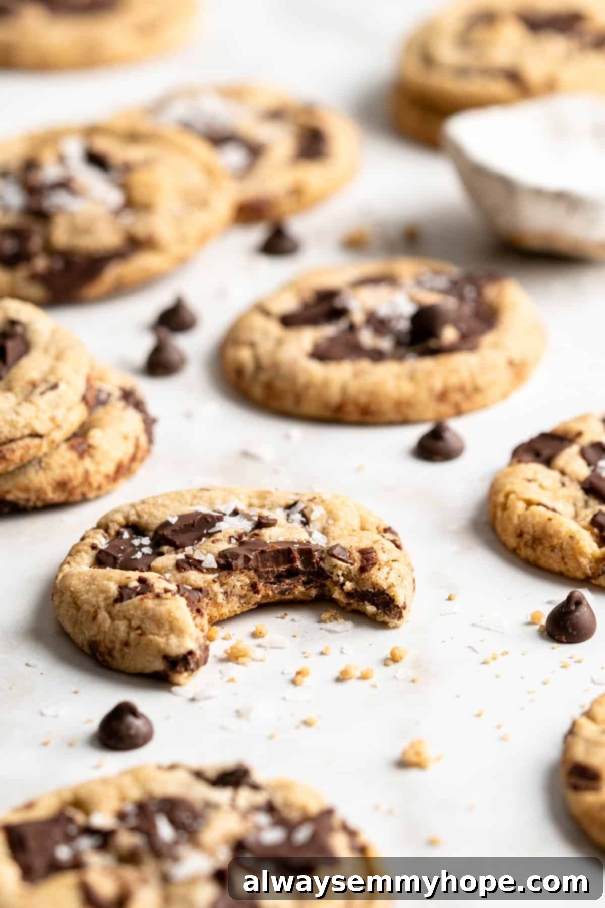 Plant-Based Chocolate Chip Bliss 13 Freshly baked chewy vegan chocolate chip cookies cooling on parchment paper, with one cookie showing a perfect bite, highlighting its soft, gooey center and melted chocolate. Ideal for a dairy-free dessert.