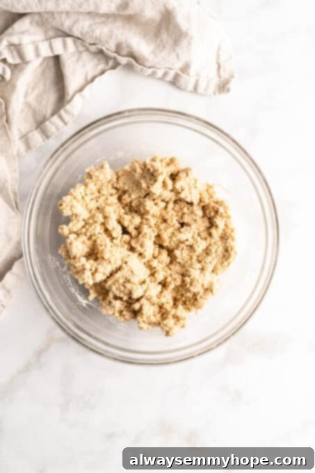 Plant-Based Chocolate Chip Bliss 7 Close-up overhead view of vegan cookie dough forming in a glass mixing bowl after wet and dry ingredients have been combined.