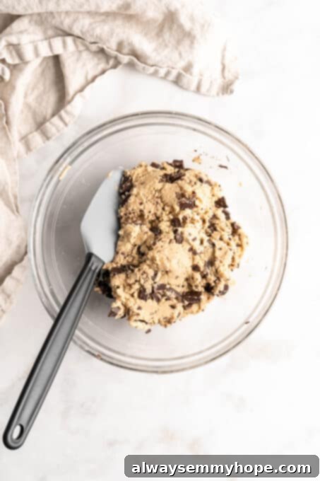 Plant-Based Chocolate Chip Bliss 9 Close-up overhead view of finished vegan chocolate chip cookie dough, studded with plenty of chocolate chunks, in a glass bowl with a spatula, ready for chilling.